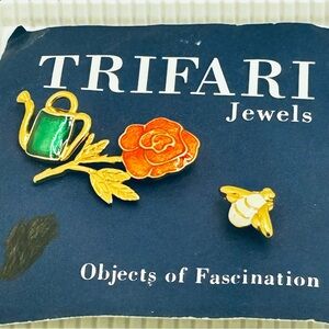 Trifari Enamel Rose, Watering Can & Bee Pin Trio - Orange, Green, Gold
